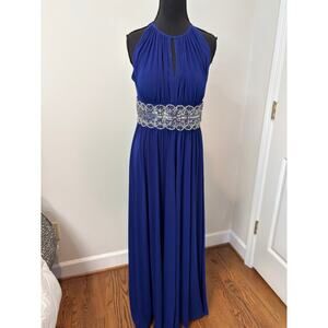R&M Richards Sleeveless Long Gown with Beaded Waist in Royal Blue